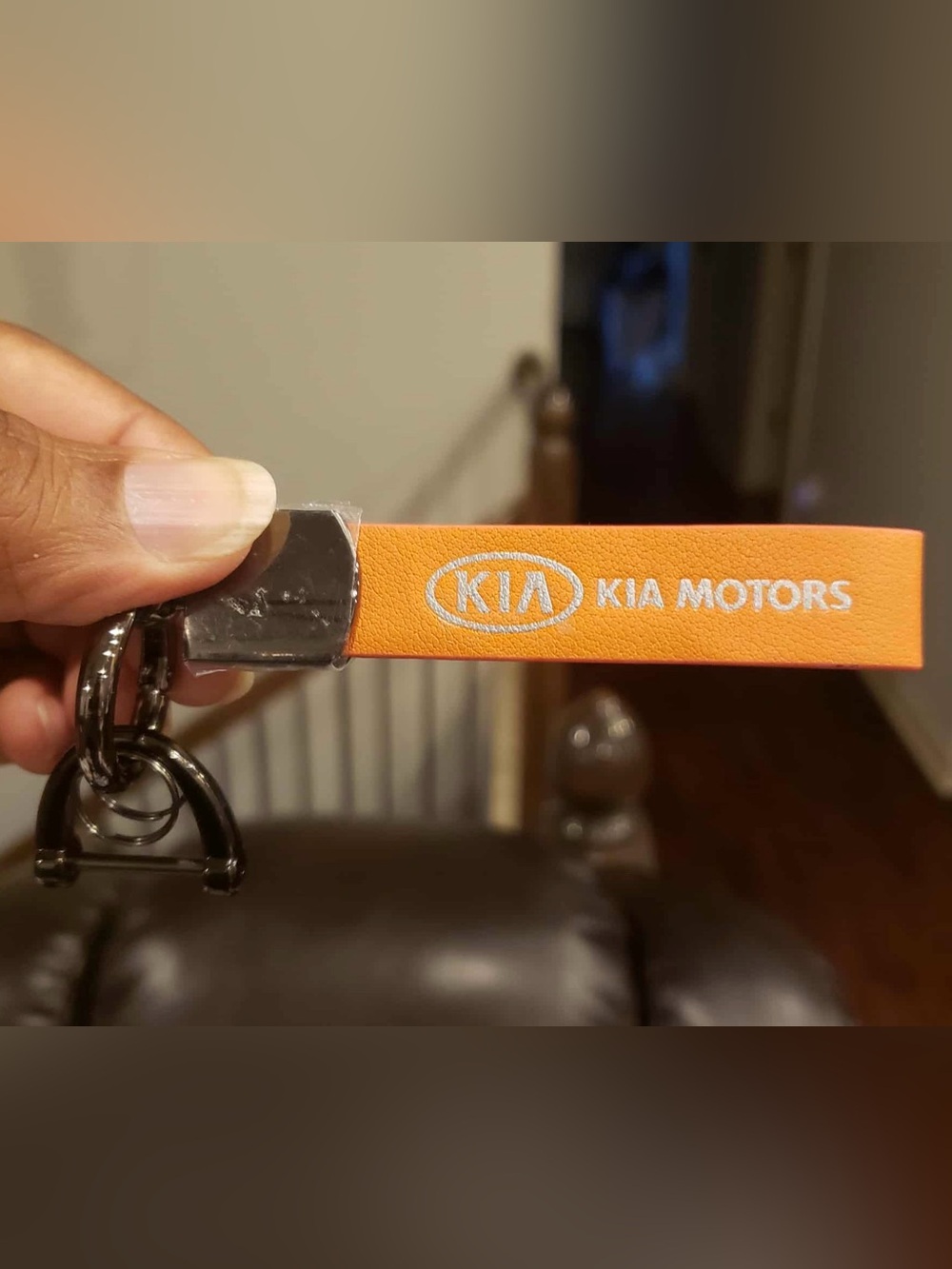 KIA Orange & Silver Leather Metallic Black Keychain